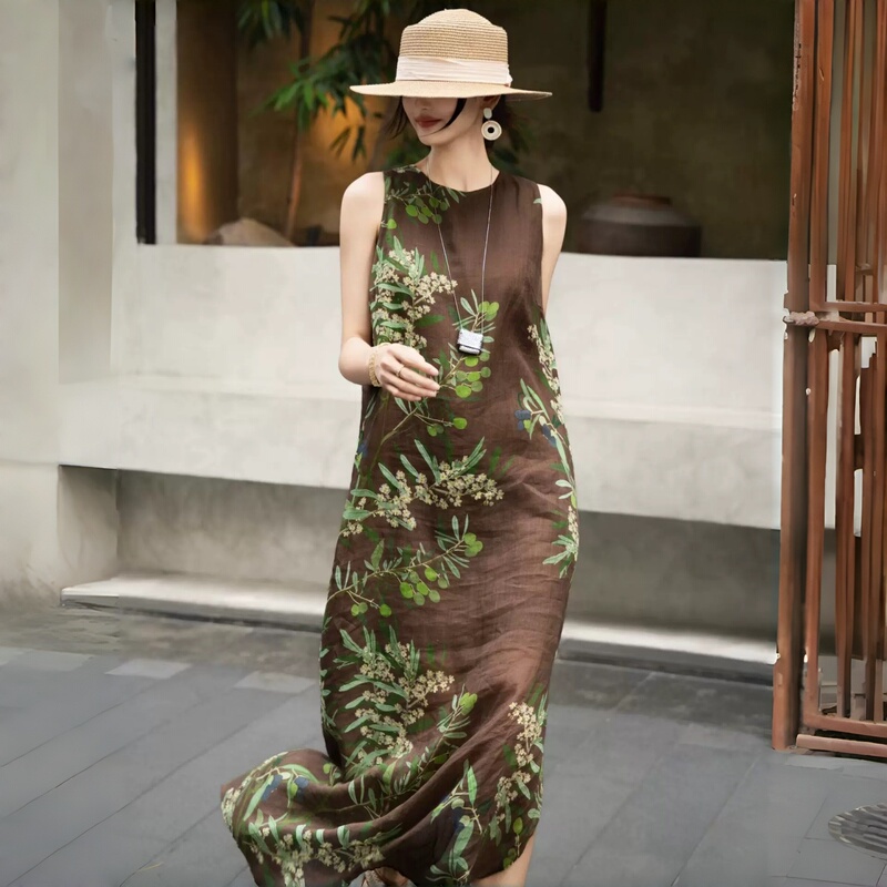 Ramie Printed Sleeveless Dress for Women 2026 Summer New Trendy Round Neck Tank Dress Loose Elegant Long Dress for Commuting Ramie Printed Sleeveless Dress for Women 2026 Summer New Trendy Round Neck Tank Dress Loose Elegant Long Dress for Commuting