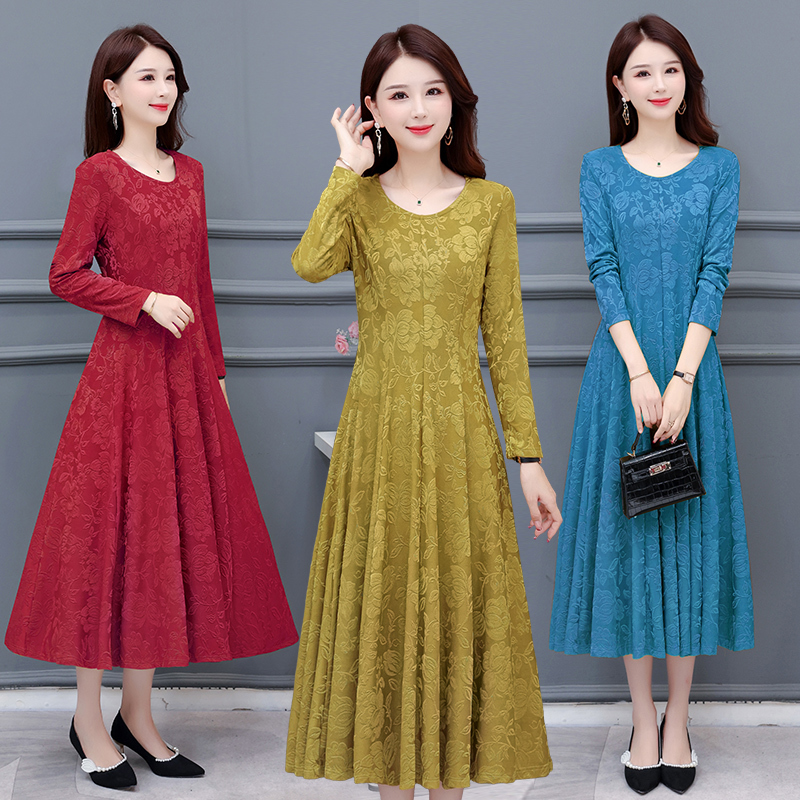 Spring and Autumn Long-Sleeved Dress, Round Neck, Ten-Piece Skirt-Style Dress, Middle-Aged Mother's Clothing, Square Dance Jacquard Long Dress