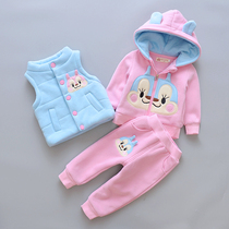 Korean 1-2 year old baby girl autumn and winter clothing three-piece 3-4 year old girl thickened set baby cartoon coat