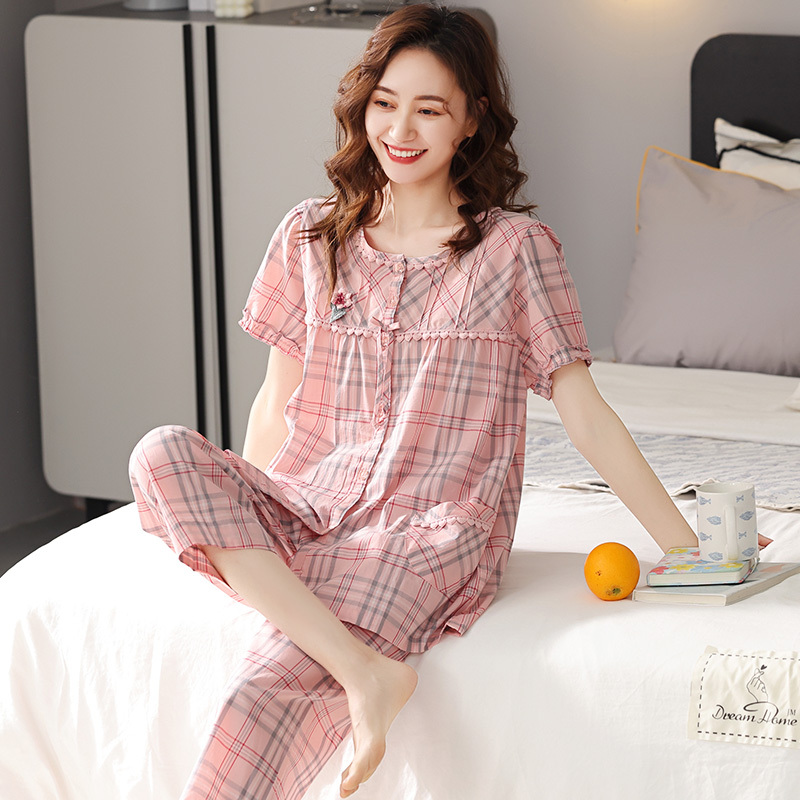Pajamas for Women, Summer Pure Cotton Short-Sleeved Cropped Pants, Middle-Aged and Elderly Mothers, Woven Cotton, Large Size Home Wear Set