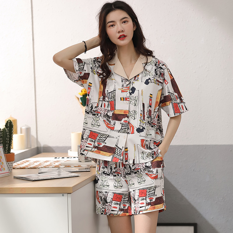 đồ ngủ cotton womens mùa hè mỏng quần short cardigan giản dị phim hoạt hình thời trang bông nhà quần áo có thể mặc bên ngoài vào mùa hè.