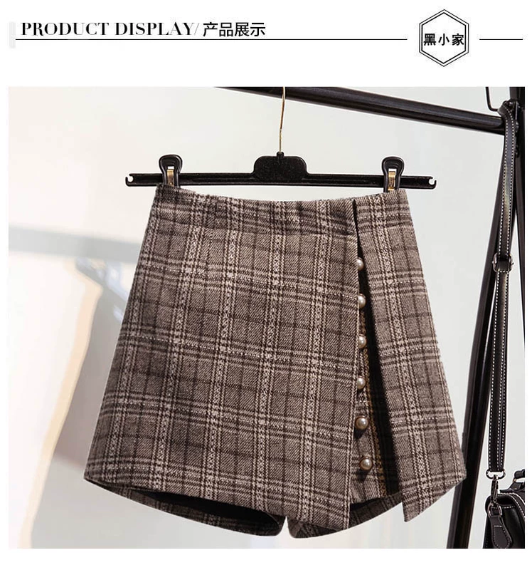 2018 thu đông mới retro không chân rộng kẻ sọc quần short giả váy hai dây quần len cạp cao quần váy nữ