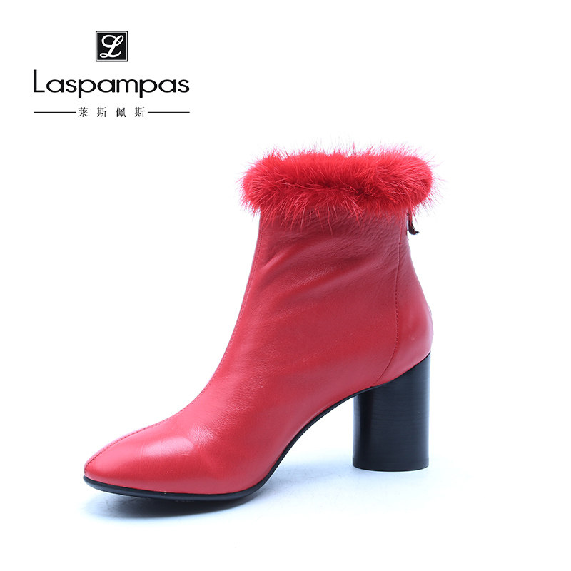 Laspampas Lespace counter new Brie top layer cowhide high thick heel fashion ankle boots