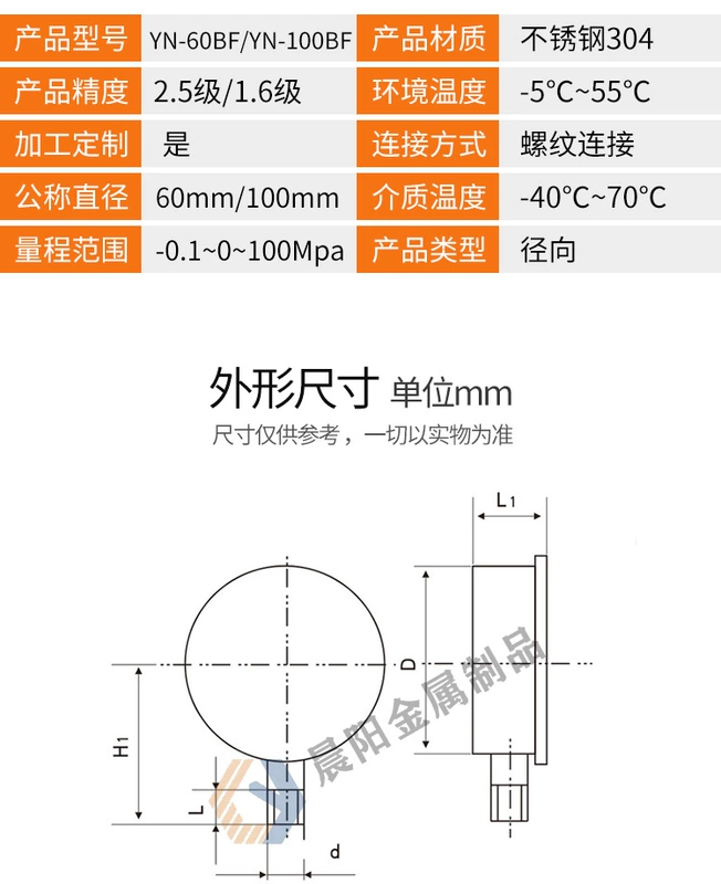 YN100BF thép không gỉ 304 chống sốc đồng hồ đo áp suất âm đồng hồ đo áp suất 1.6mpa nước đồng hồ đo áp suất xuyên tâm dầu thủy lực đo hơi nước