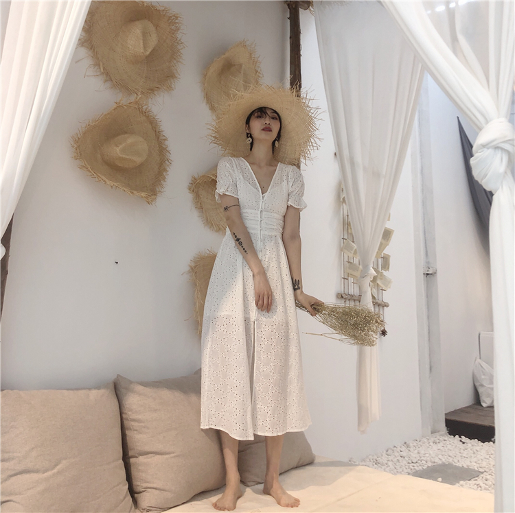 Mùa hè 2019 phong cách mới kỳ nghỉ Pháp thêu rỗng eo phồng tay áo dài v-cổ cao eo - Sản phẩm HOT áo kiểu nữ hàn quốc cao cấp
