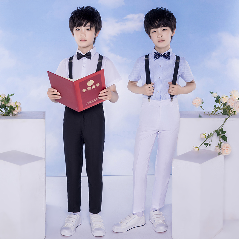 Boys' chorus suit dress summer piano performance suit short-sleeved shirt bib pants children's host England