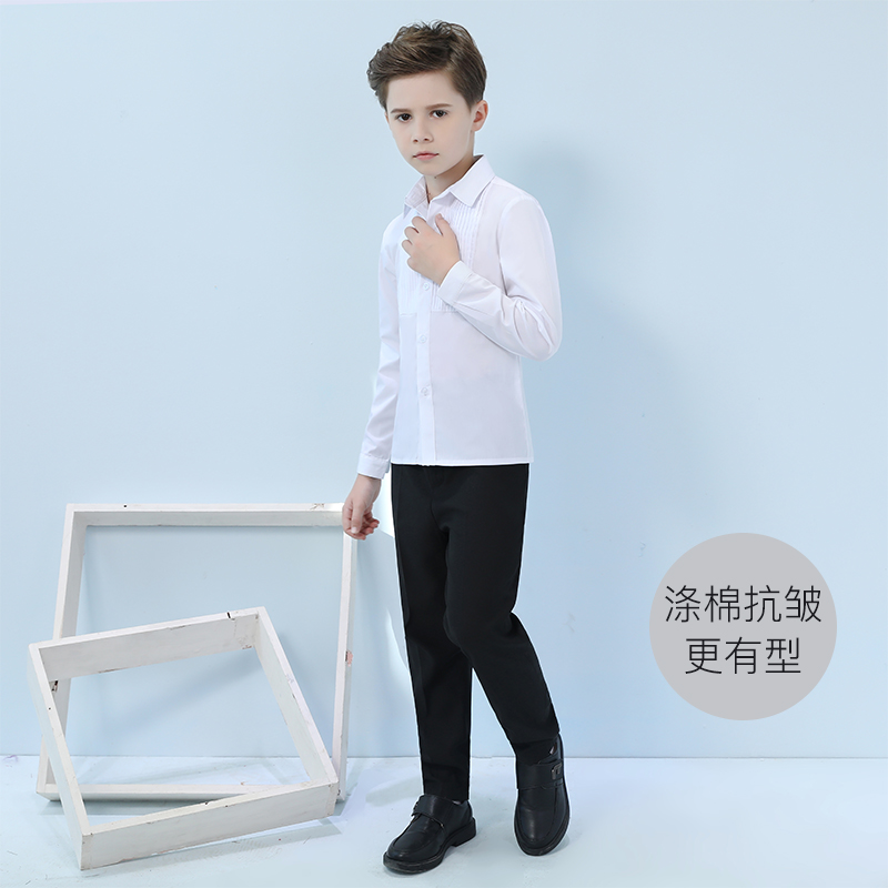 Children's long-sleeved white shirt boy flower girl suit shirt spring and summer new student white shirt school uniform performance clothing