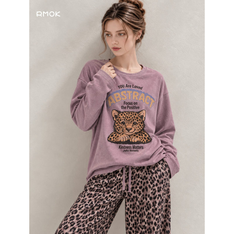 French Rmok Sweet and Cool Leopard Print Long-Sleeve Pajamas for Women, Autumn Lazy Style Leopard Print Loungewear Set Suitable for Going Out