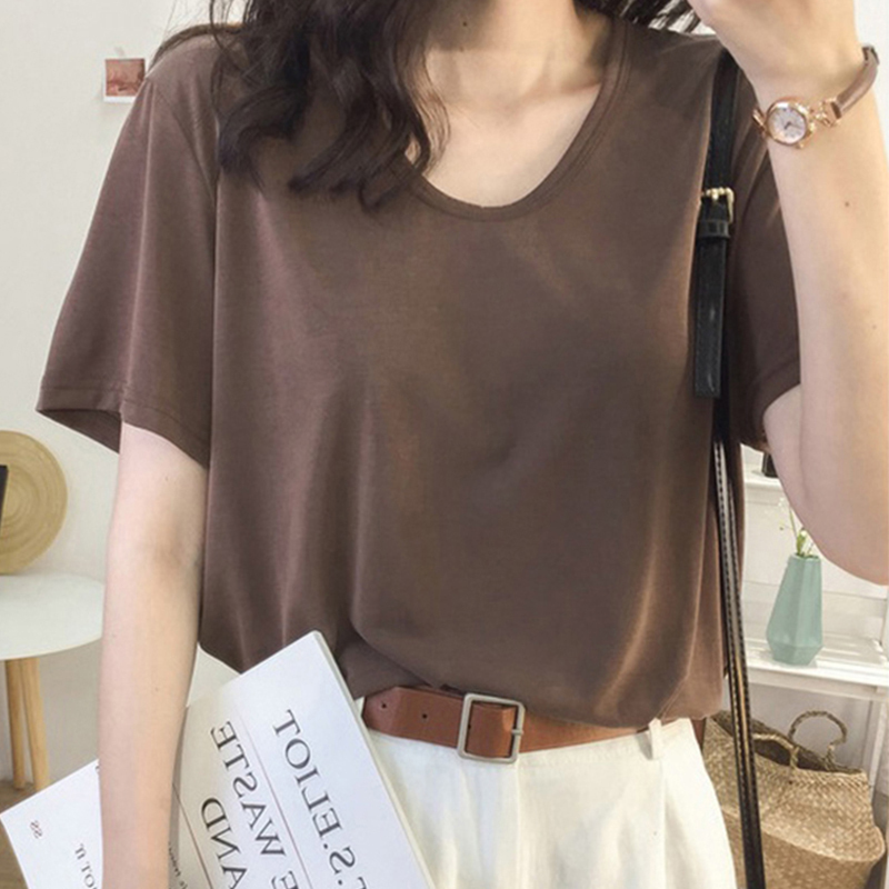 Summer Low Round Neck Solid Color Short-Sleeve T-Shirt for Women, Niche, Stylish, Casual, Loose, Korean Style, Vintage, Slimming, Coffee-Colored Top