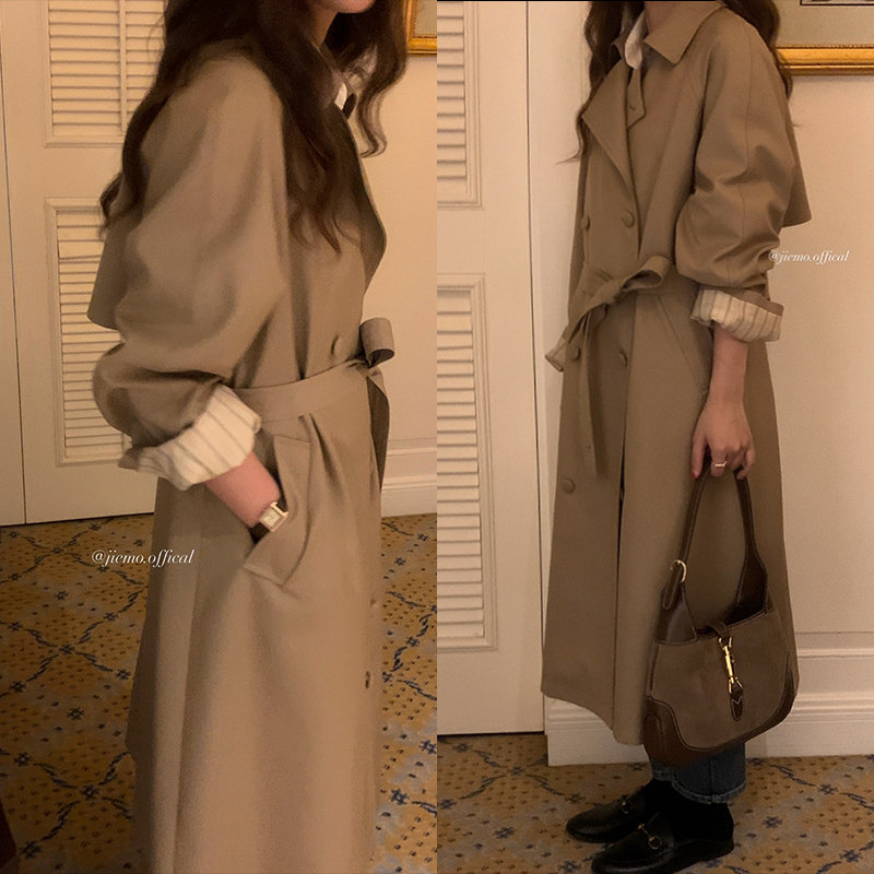 Mustard homemade card with its color windcoat jacket female medium long version Korean wind chic design feeling superior coat small child spring