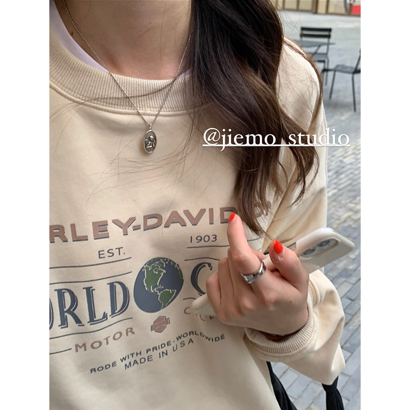 Mustard homemade casual letter thick cotton T women's loose Korean version 2021 autumn new bf lazy wind pullover top