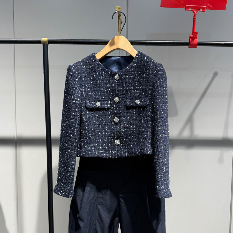 Tweed Style Short Jacket for Women 2026 Spring New Style Metal Buckle Round Neck Work Clothing Navy Blue Slim Fit Jacket