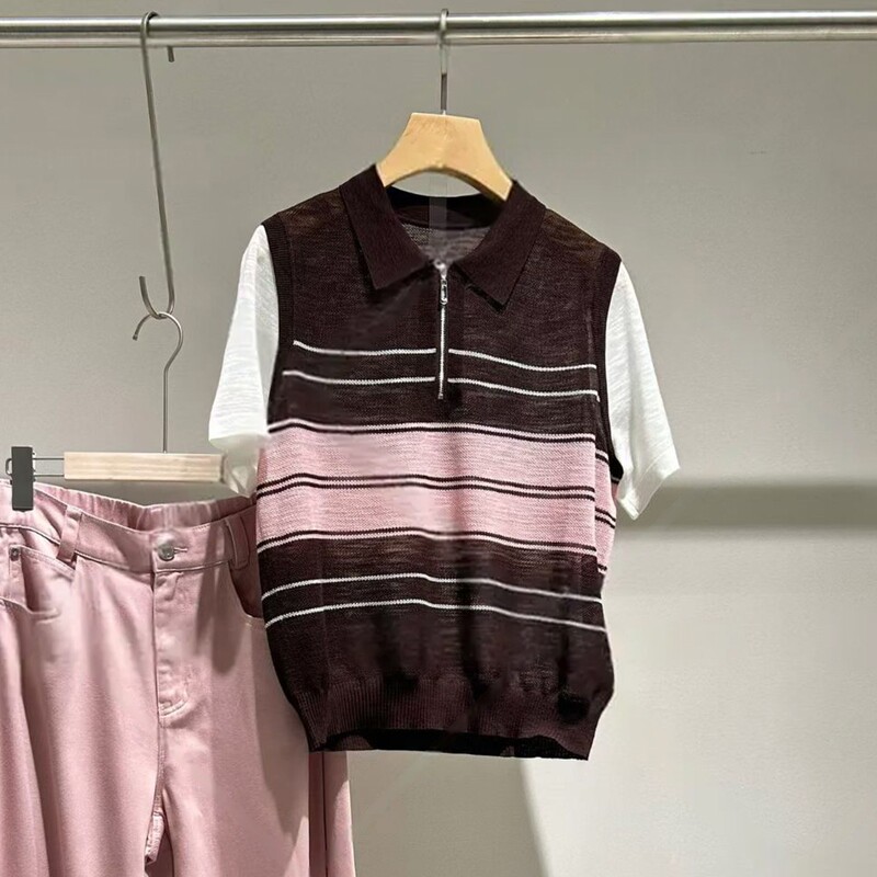 Fake Two-Piece Striped Color-Block Polo Collar Short-Sleeve Knit Top for Women, 2026 Summer New Style, Loose Fit, Slimming Half-Zip Top Fake Two-Piece Striped Color-Block Polo Collar Short-Sleeve Knit Top for Women, 2026 Summer New Style, Loose Fit, Slimming Half-Zip Top