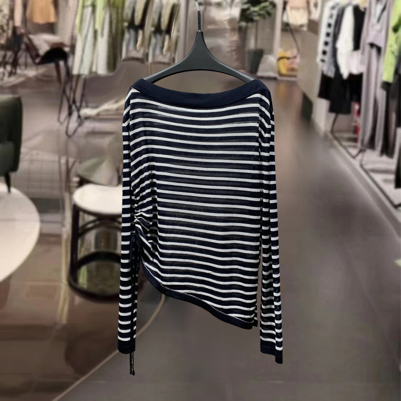 Korean-Style Striped Semi-Sheer Drawstring Off-Shoulder Knit Top T-Shirt for Women 2026 Summer Thin Waist-Cinching Slimming Sun Protection Shirt Korean-Style Striped Semi-Sheer Drawstring Off-Shoulder Knit Top T-Shirt for Women 2026 Summer Thin Waist-Cinching Slimming Sun Protection Shirt