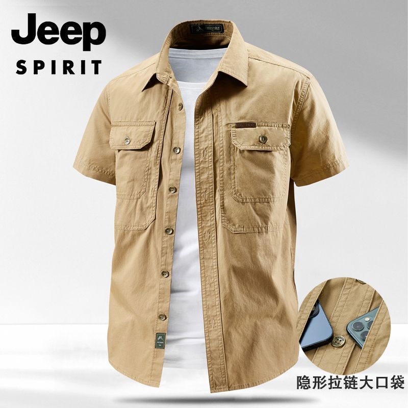 Jeep Workwear Large Pocket Shirt Summer Jacket Men's Shirt Short-Sleeved Casual Pure Cotton Loose Shirt Men