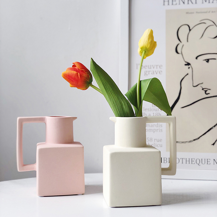 Nordic simple style Morandi square ceramic vase Artistic creative personality ins dried flower ornaments Desktop flower