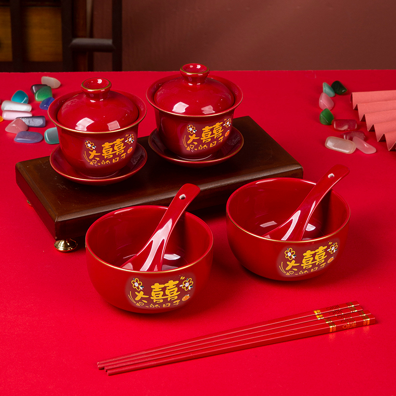 Wedding Tea Ceremony Cup and Bowl Set, Red Festive Wedding Supplies for Changing Titles and Toasting, Gift Bowls and Chopsticks with Wedding Ceramics