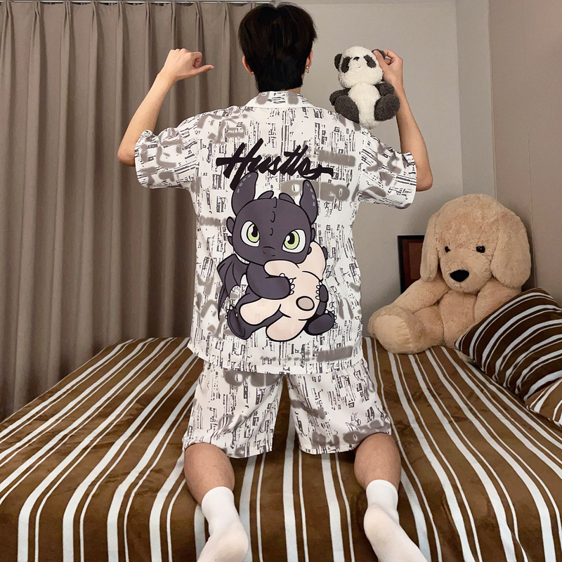 Men's Pajamas Summer Ice Silk Short-Sleeved Cardigan Cartoon Teenagers Students Cool Thin Large Size Home Wear Set