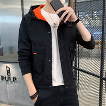 Coat mens Spring and Autumn New Tide 1 Korean slim coat Joker fashion brand mens hooded thin tooling jacket