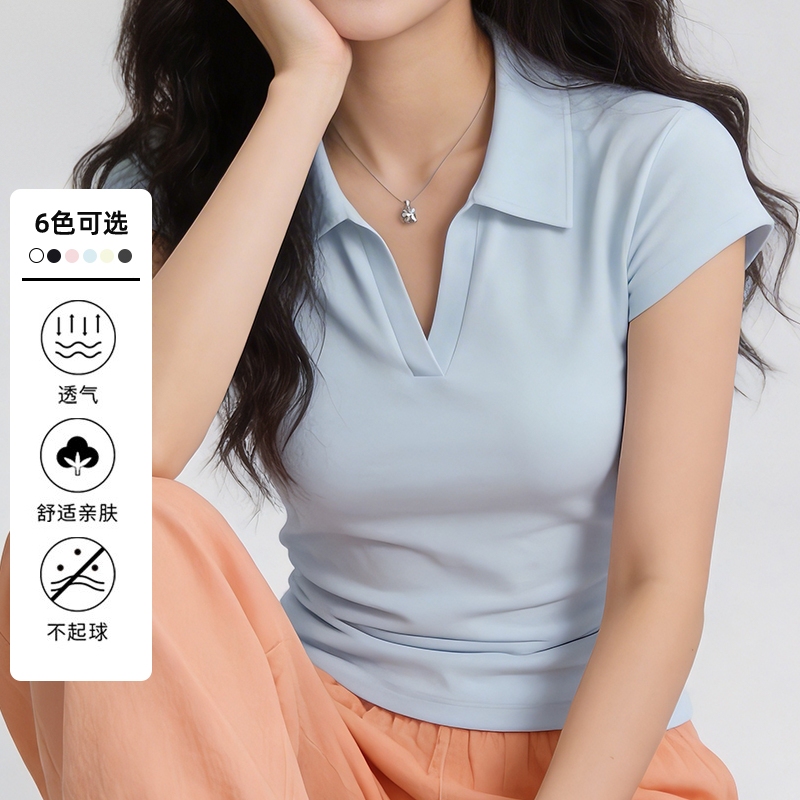 Wentu Polo Shirt 2026 Summer Women's V-Neck Thin Short-Sleeve T-Shirt Slim Fit Anti-Pilling Buttonless Lapel Top Wentu Polo Shirt 2026 Summer Women's V-Neck Thin Short-Sleeve T-Shirt Slim Fit Anti-Pilling Buttonless Lapel Top