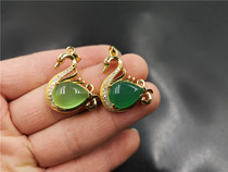 Chinese Jade 925 Bright Gold Inlaid Chrysoprase Little Swan Pendant Womens Emerald Green Agate Pendant