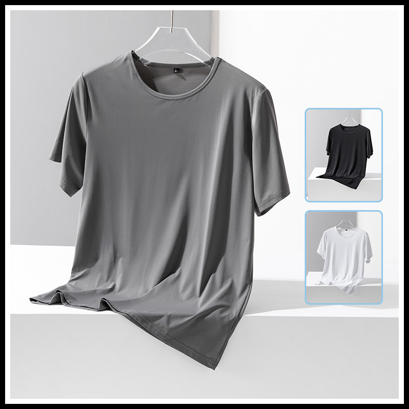Summer Thin men Ice Silk Short sleeves Undershirt New Pure Color Round Collar Summer Loose Elastic Speed Dry short T-shirt