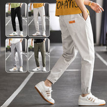 Overalls mens Tide brand loose students draw rope feet autumn spring and autumn light color leg nine casual pants men
