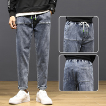 Lace-up jeans mens straight loose Joker slim Student dad pants autumn mens pants elastic waist casual trousers