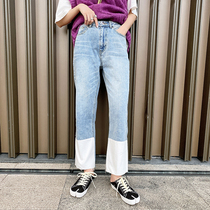 KU cargo king HO jeans 20aw straight roll-over edge legs irregular white edge stitching high-waisted nine-point pants