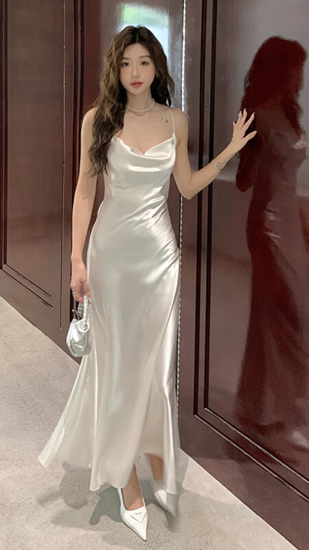 High-End Acetate Silk Satin Dopamine Fairy-Like White Spaghetti Strap Dress for Women, Summer Mid-Length Base Dress for Layering