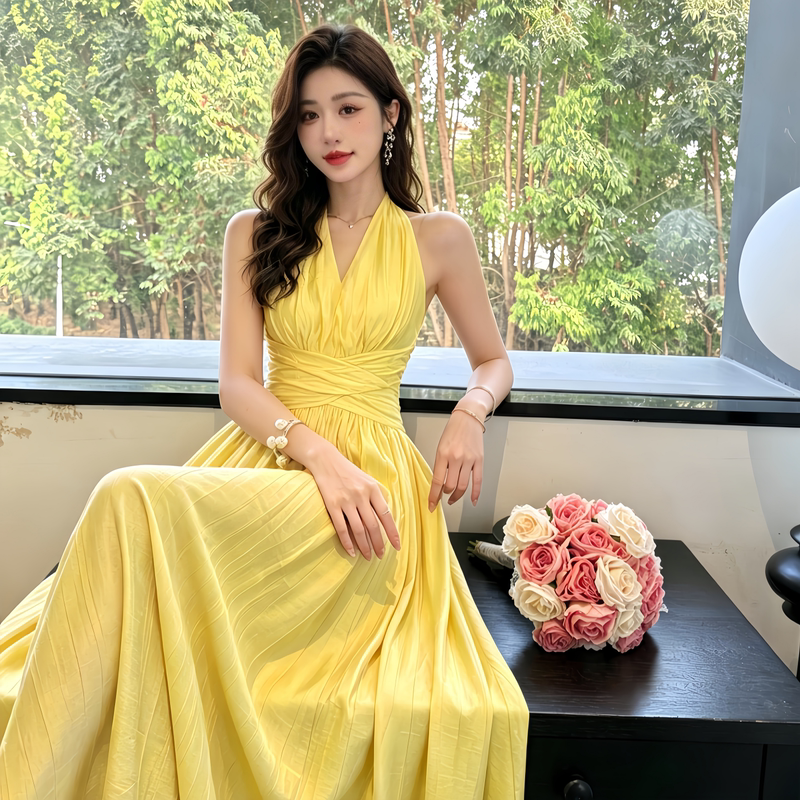 French-Style V-Neck Dress for Women, Yellow, Waist-Cinching, Slimming, Hepburn-Style Pleated Summer Beach Vacation Tank Top A-Line Long Dress French-Style V-Neck Dress for Women, Yellow, Waist-Cinching, Slimming, Hepburn-Style Pleated Summer Beach Vacation Tank Top A-Line Long Dress
