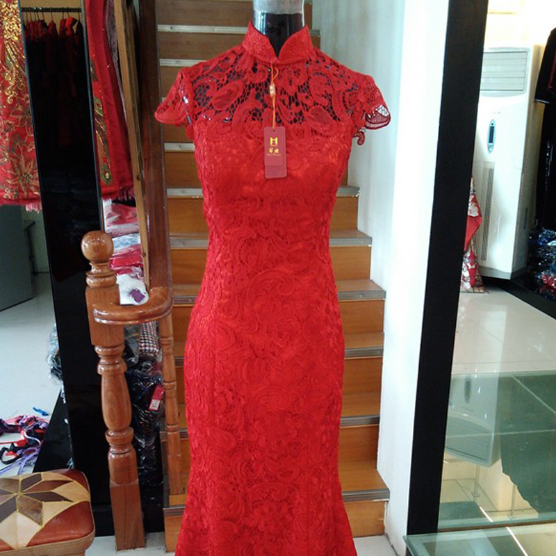 Bride's Toast Dress Cheongsam 2024 New Red Lace Short-Sleeved Mid-Length Homecoming Fishtail Wedding Engagement Dress