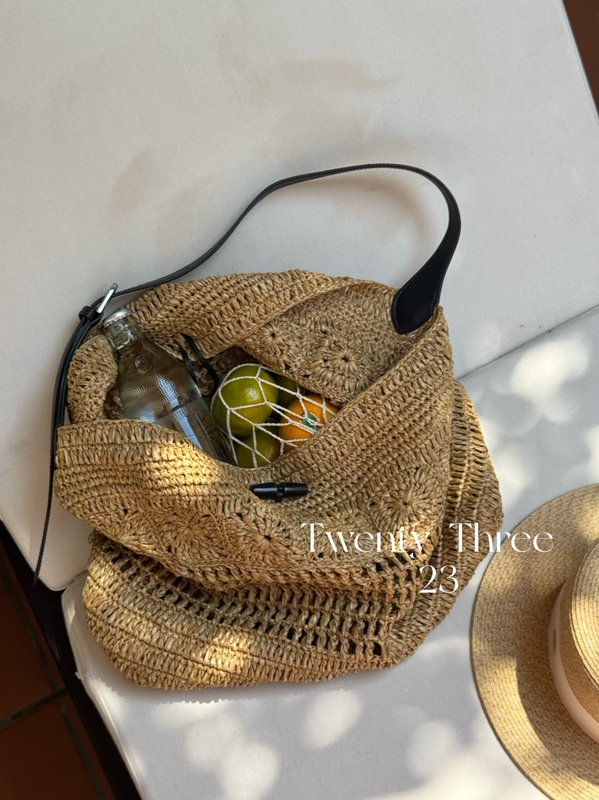 Twenty Three Hand-Woven Straw Bag Large Capacity Casual Shoulder Tote Bag Summer Beach Bag