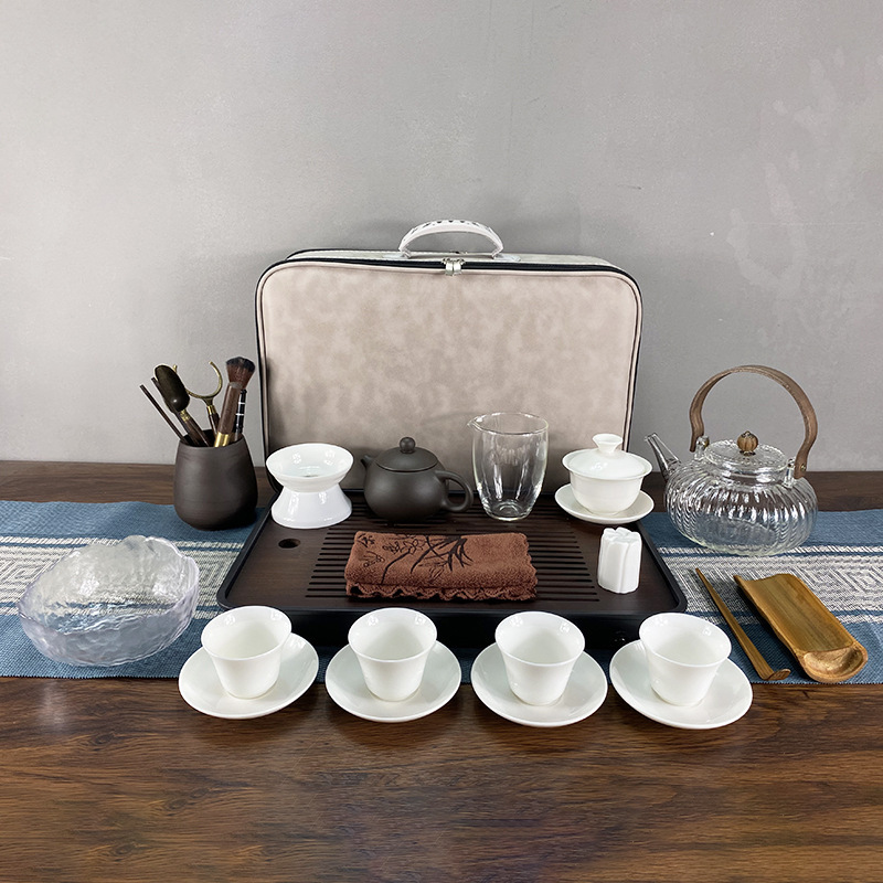 Dehua White Porcelain Tea Set for Tea Art Instruction, Black Tea and Oolong Tea Training, Exam, Performance, Portable Set with Printing Dehua White Porcelain Tea Set for Tea Art Instruction, Black Tea and Oolong Tea Training, Exam, Performance, Portable Set with Printing
