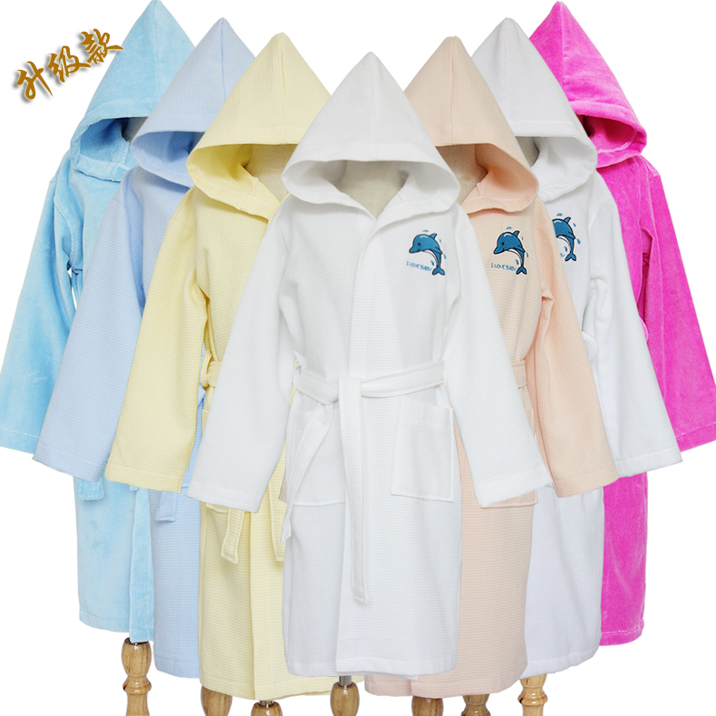 Children's Pure Cotton Bathrobe with Hood, Soft and Absorbent, Thick Spring and Autumn Style, Student Full Cotton Hooded Long Bathrobe and Nightgown