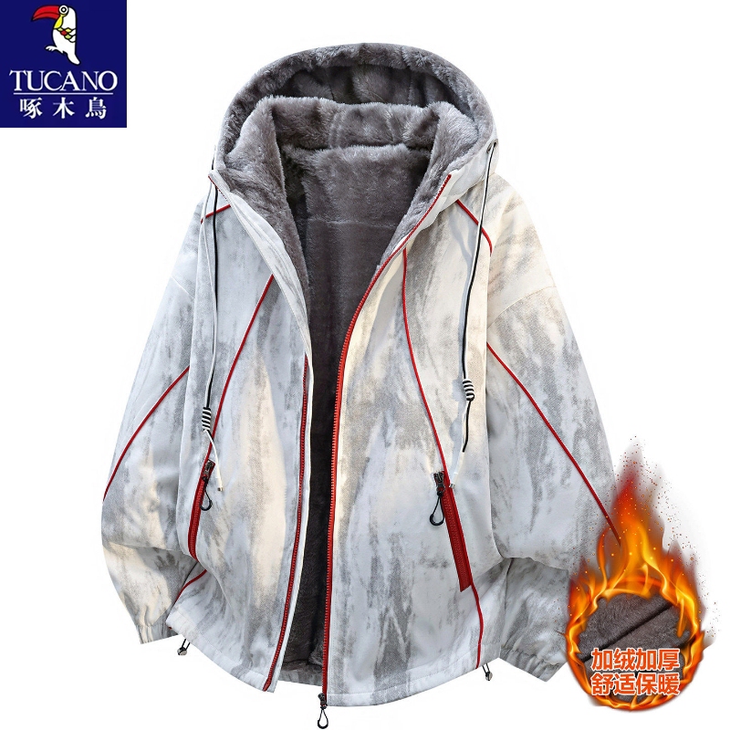Woodpecker Fleece-Lined Thickened Jacket for Men 2026 New Autumn and Winter Trendy Versatile Jacket Youth Winter Cotton Coat