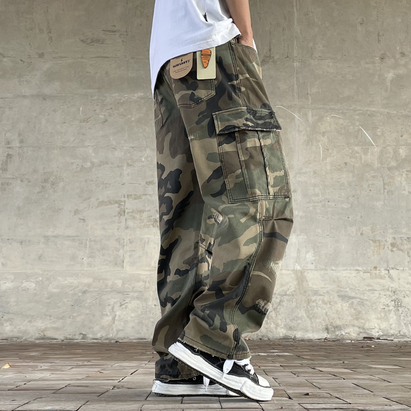 American Street Style Retro Loose Straight-Leg Camouflage Cargo Pants for Men, Heavy Washed, Hand-Patched, Distressed Trendy Military Pants