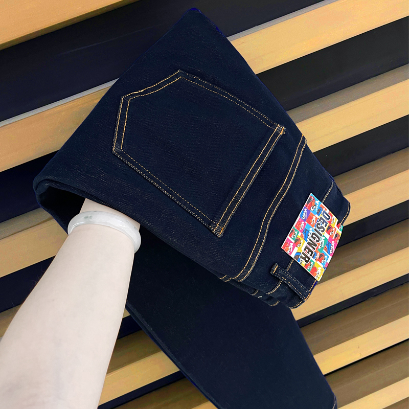 Red-Ear Denim/9-Point Jeans for Men/Summer Style/Four-Way Stretch/Original Navy Blue Versatile Slim-Fit Skinny Pants