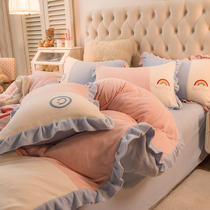 Children cartoon padded milk velvet four-piece Winter coral velvet double flannel plus velvet quilt cover bedding