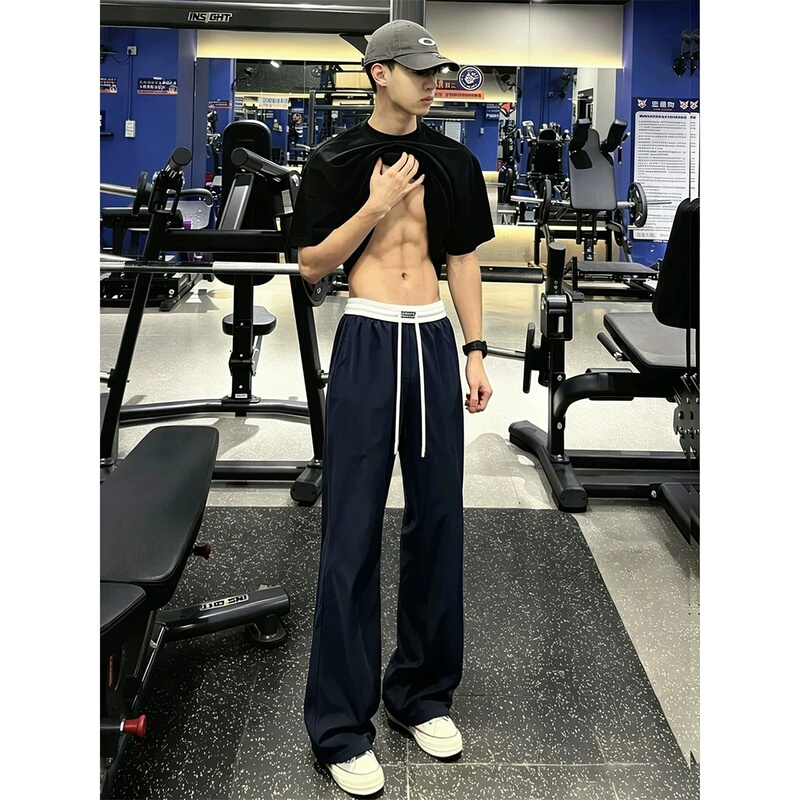 American-Style Navy Blue Thin Commuter Fitness Sports Pants for Men, Drapey Straight-Leg Casual Pants, Loose Trousers, Summer Long Pants American-Style Navy Blue Thin Commuter Fitness Sports Pants for Men, Drapey Straight-Leg Casual Pants, Loose Trousers, Summer Long Pants