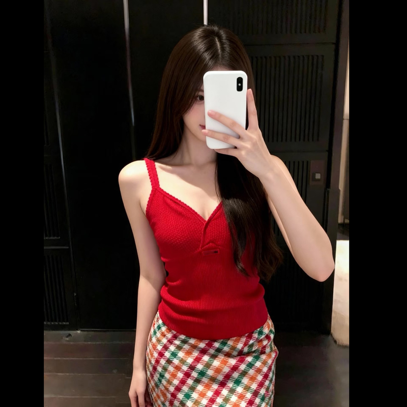 Shenzhen Nanyou Women's Clothing m Letter Logo Embroidery Red V-Neck Knitted Camisole for Outerwear or Layering