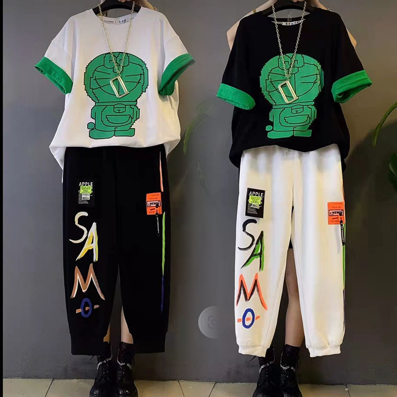 2022 Spring Large Size Women's Dress New Cartoon T-shirt Woman Short Sleeve Casual Fashion Pants Casual Two-piece Style