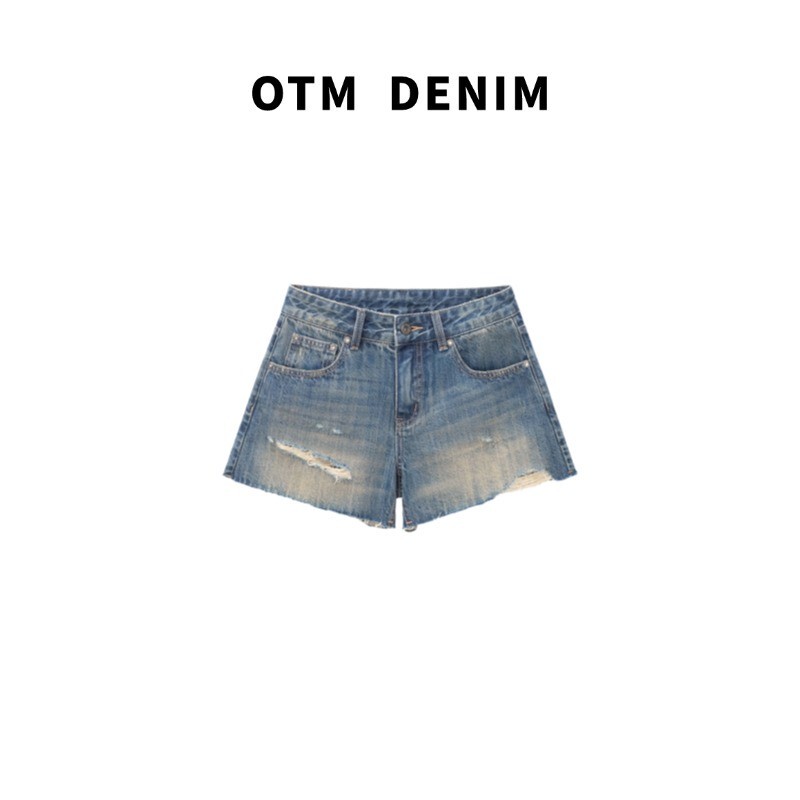 Otm Denim【Midsummer】Vintage Denim Shorts, All-Cotton, Mid-Low Waist, Distressed Fringed, Thin Style, Spring and Summer Design