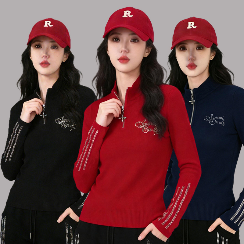 Autumn and Winter New Square Dance Clothing Half-Zip Long-Sleeve T-Shirt with Rhinestones for Fitness and Dance