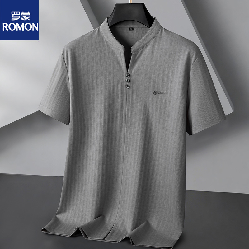 Romon Cotton and Linen V-Neck Short-Sleeve T-Shirt for Men, Loose Fit, Thin, Plus Size, Stand Collar, Summer Half-Sleeve Top for Big and Tall Men, Trendy