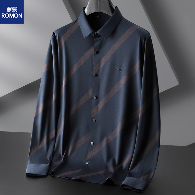 Romon Autumn High-End Plus-Size Men's Long-Sleeve Shirt, Loose Fit for Big and Tall Men, No-Iron Ice Silk Shirt, Trendy Men's Fashion