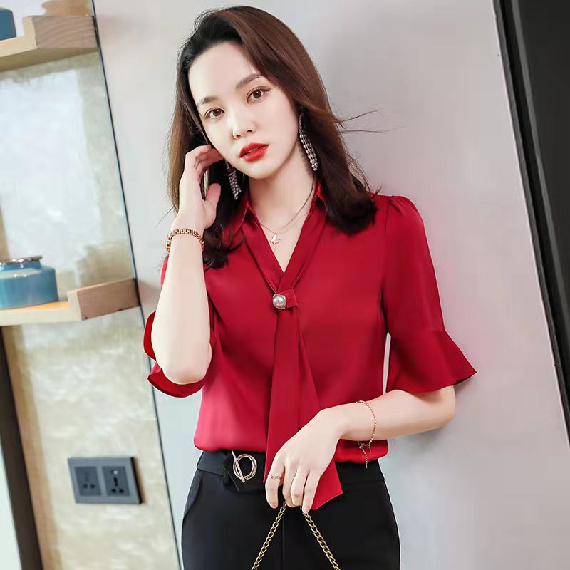 Red V-Neck Shirt for Women, Short-Sleeved, Stylish, Loose-Fitting Satin Professional Shirt, 2020 New Korean Style Bell-Sleeve Shirt Red V-Neck Shirt for Women, Short-Sleeved, Stylish, Loose-Fitting Satin Professional Shirt, 2020 New Korean Style Bell-Sleeve Shirt