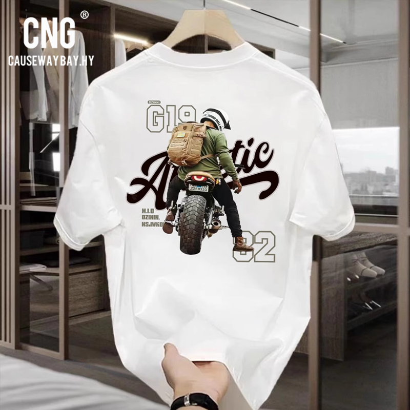 Hong Kong Trendy Brand West Coast Motorcycle Print Casual Short-Sleeved T-Shirt for Men, Summer Round Neck Loose Half-Sleeve T-Shirt