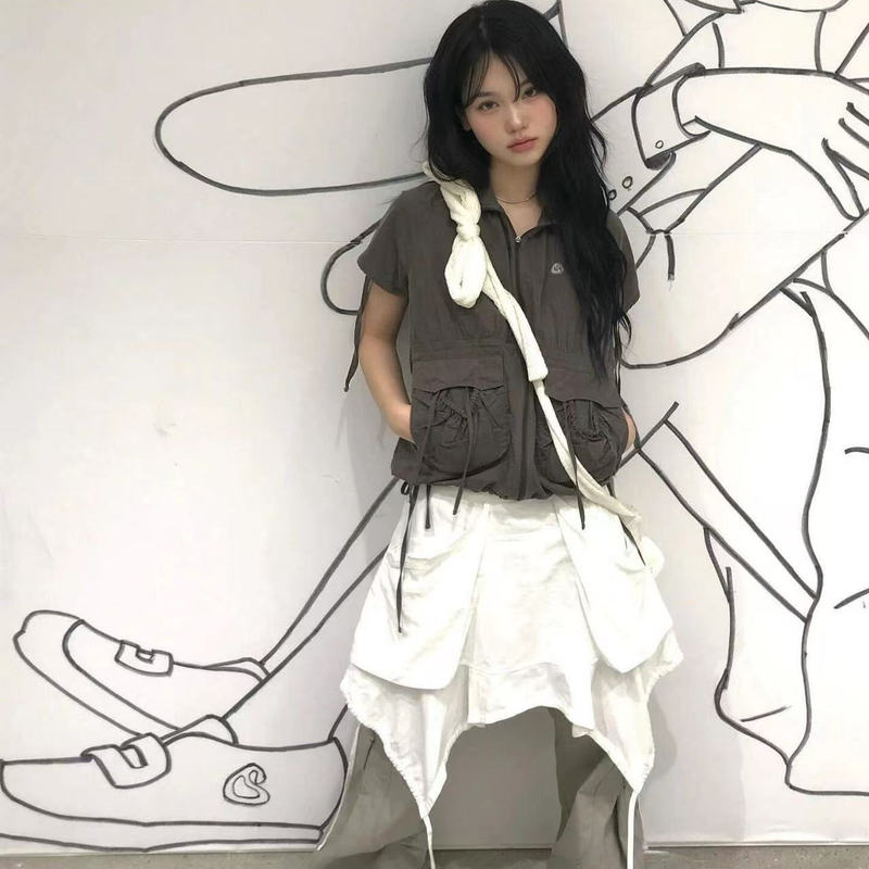 Sweet Potato Lamb Roll LAOSHU Minji Same Style Japanese Functional Style Pleated Drawstring Stand Collar Short-Sleeved Jacket Sweet Potato Lamb Roll LAOSHU Minji Same Style Japanese Functional Style Pleated Drawstring Stand Collar Short-Sleeved Jacket