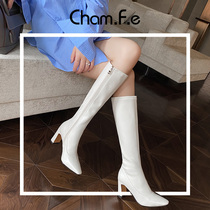 White thick heeled boots small square head high boots Autumn and winter ins tide elastic thin Martin boots high heel womens boots 879E